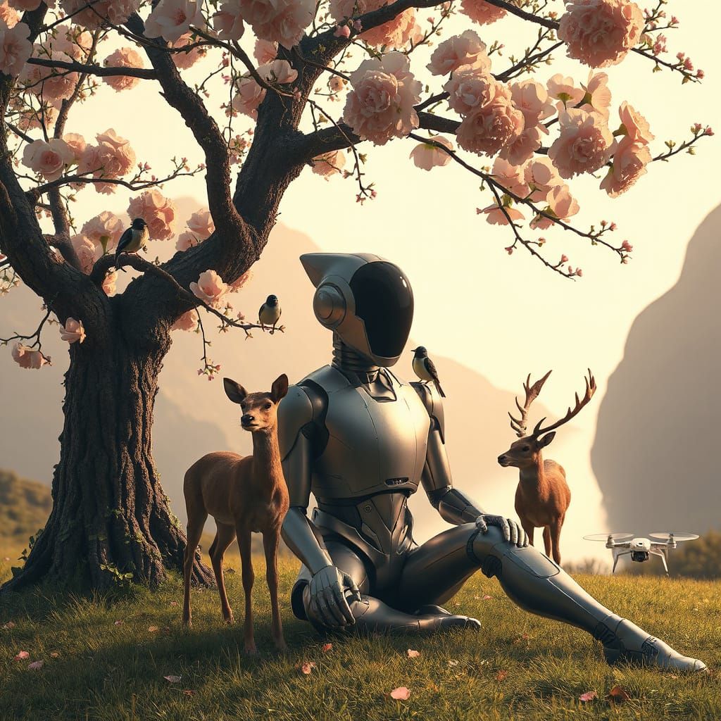 Robot and Wildlife Under Blooming Tree in Golden Light