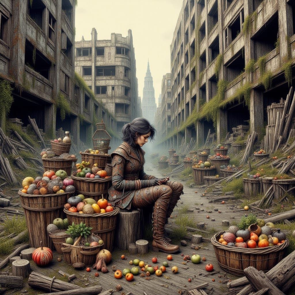 Post-Apocalyptic Market Scene in a Ruined Urban Landscape