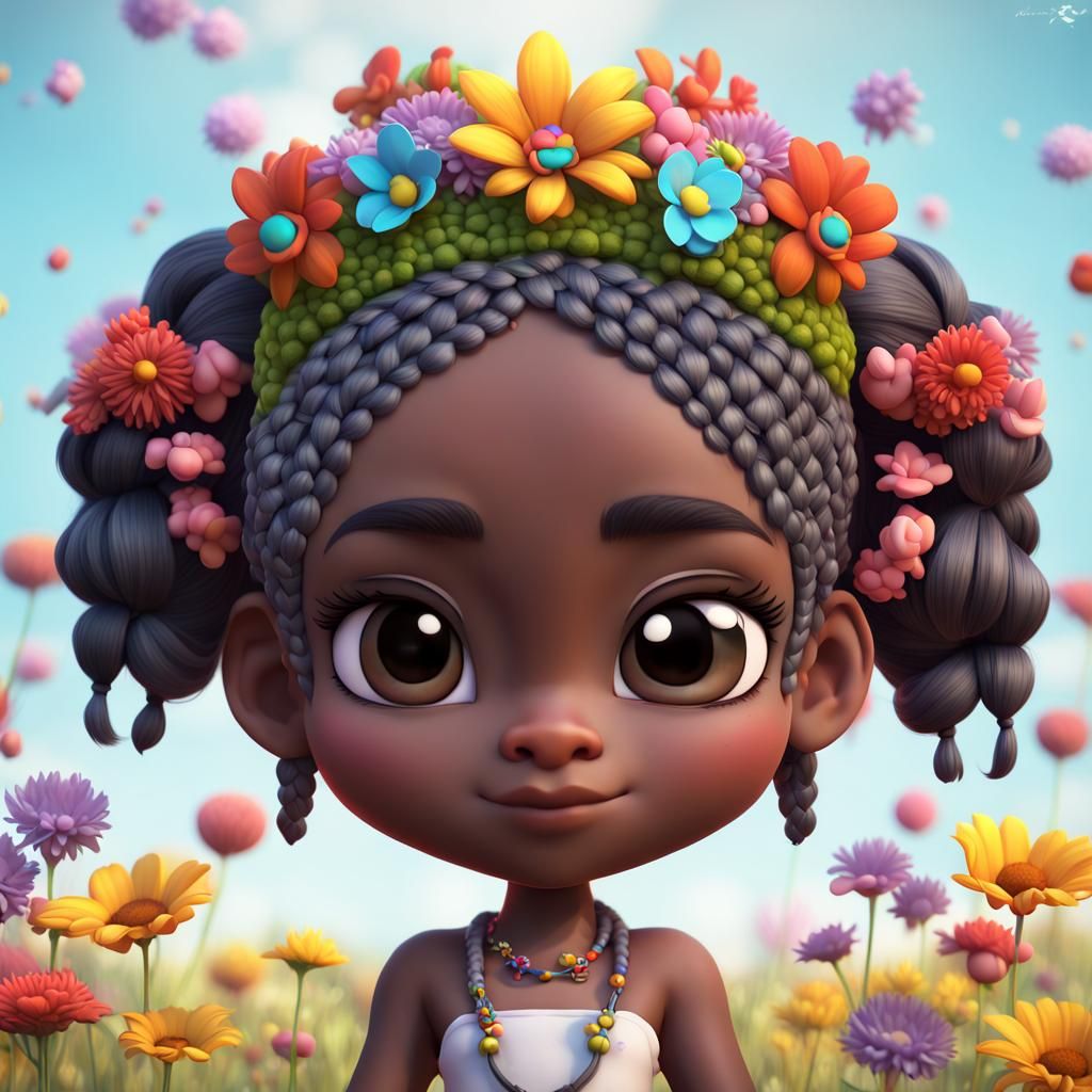 Colorful Chibi Girl with Flower Crown in Meadow