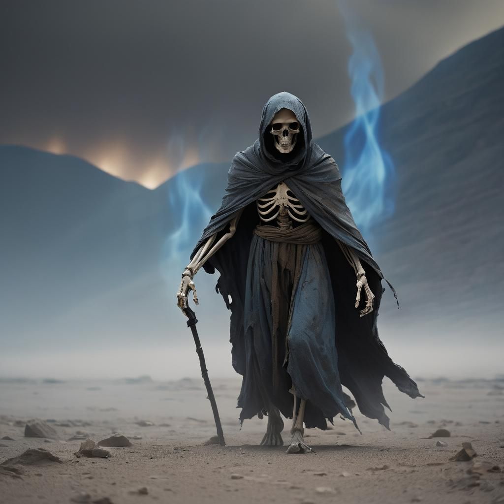 Gaunt Figure in Post-Apocalyptic Landscape