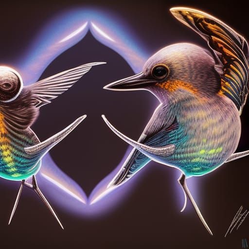 Bioluminescent Microbirds in Photorealistic Style
