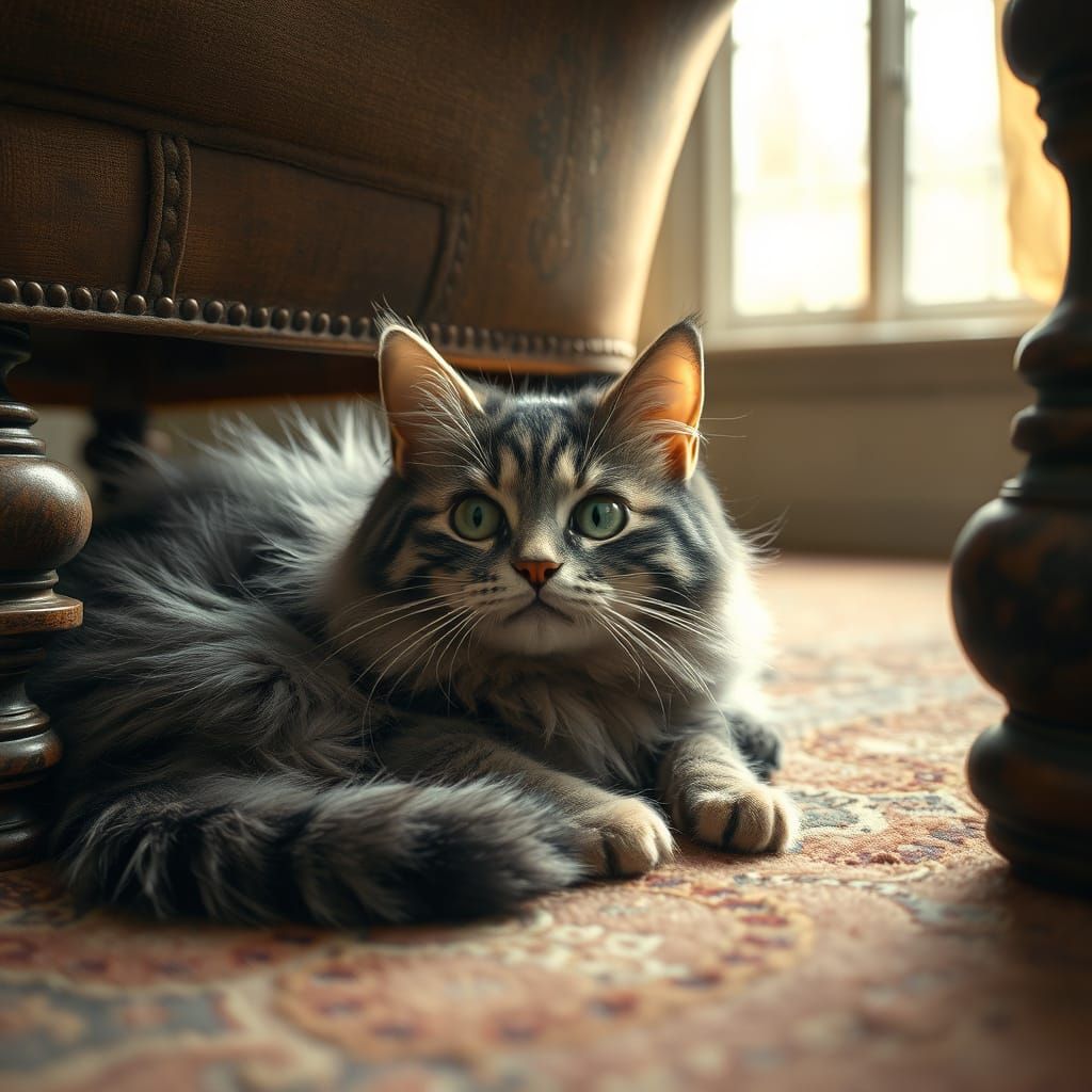 Curious Cat in Fluffy Coat Under Vintage Sofa