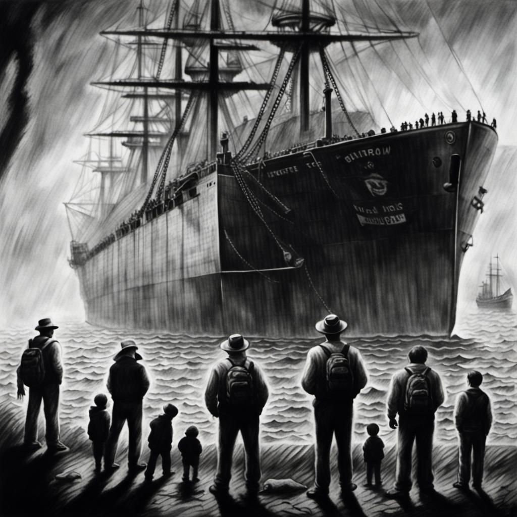 Hesitant Islanders and US Ship: Charcoal Drawing