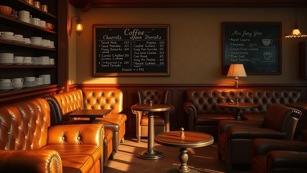 Cozy Retro Coffee Shop with Warm Leather and Vintage Accents