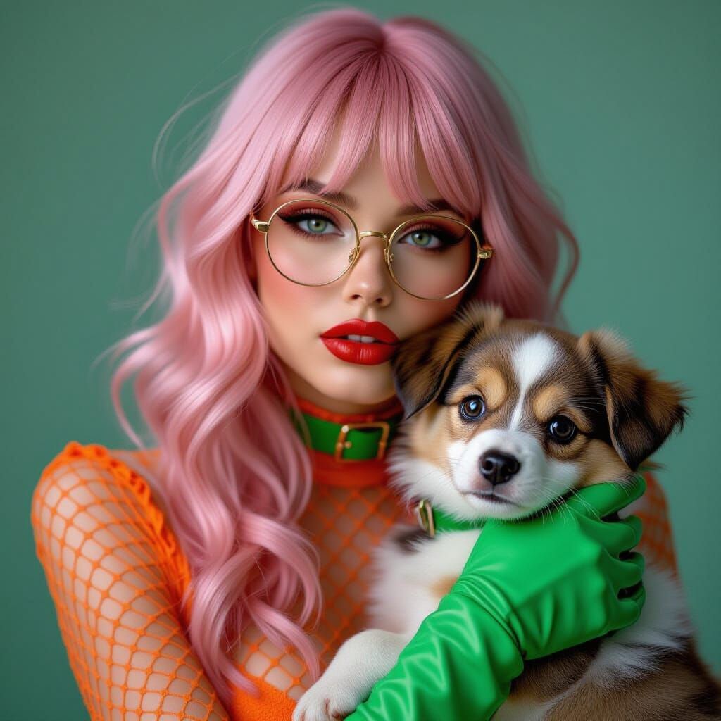 Gothic Model with Puppy in Hyper-realistic Fashion Shot