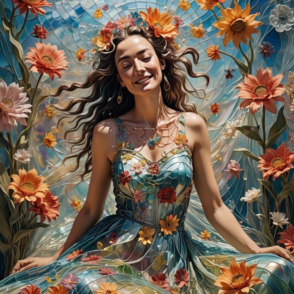 Dreamlike Surrealism: Smiling Woman in Glass Textiles