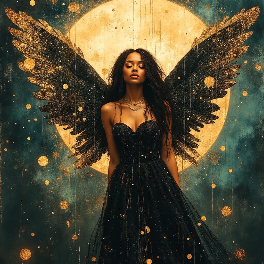 Black Winged Goddess Flies Through Enchanted Forest