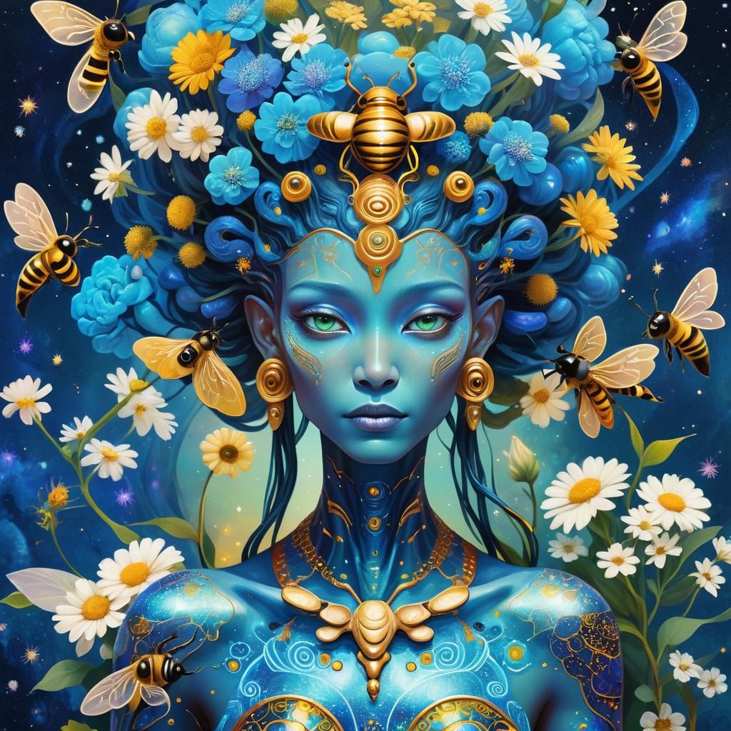 Blue Alien Goddess Portrait in Klimt Style