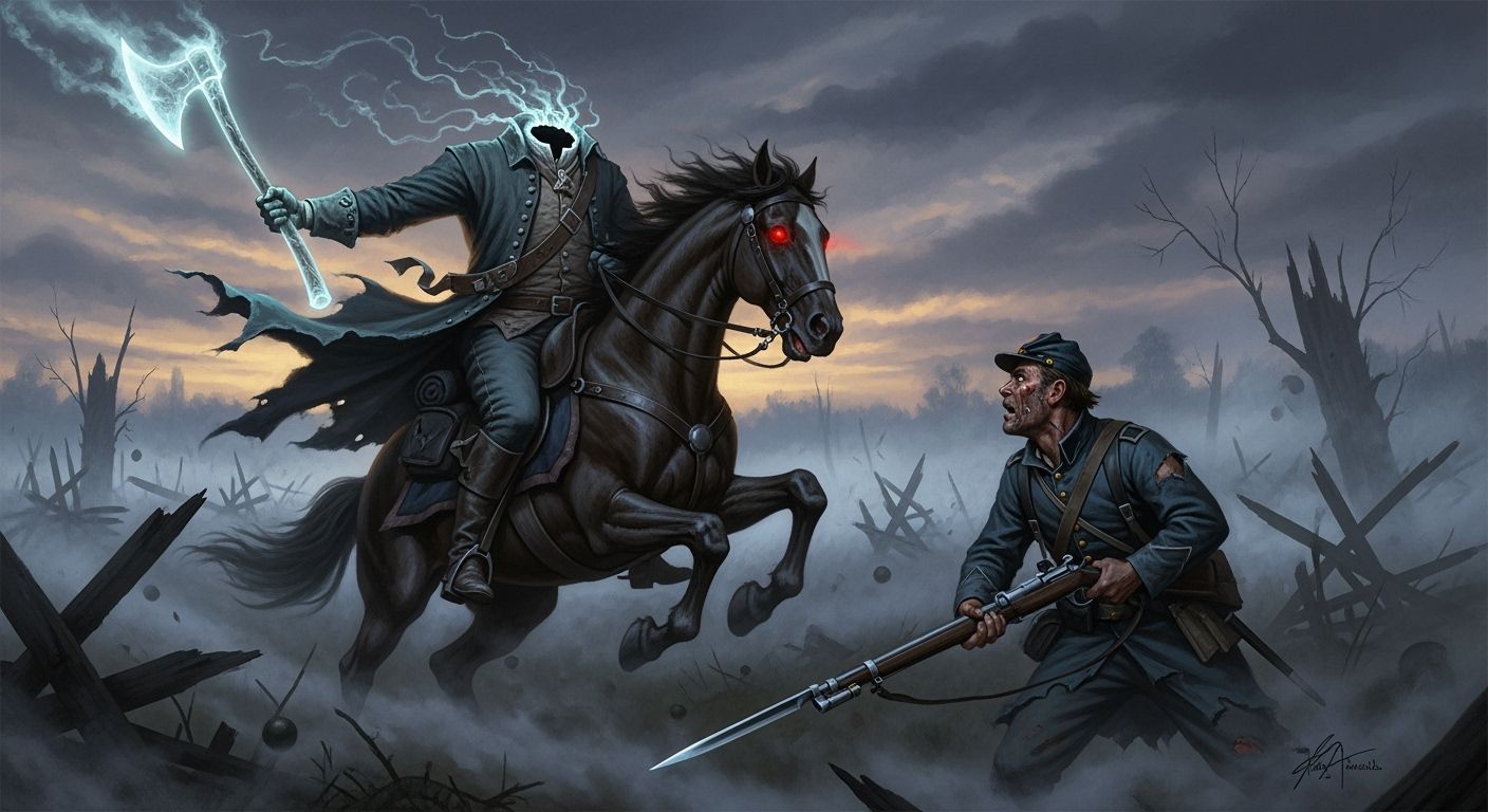 Eerie Headless Horseman Charges Union Soldier in Dark Fantas...
