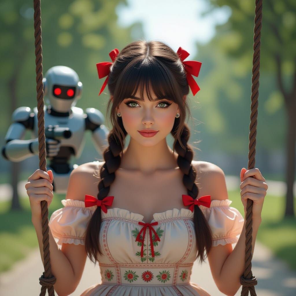 Surreal Crime Scene: Woman Shot on Swing in Futuristic Park