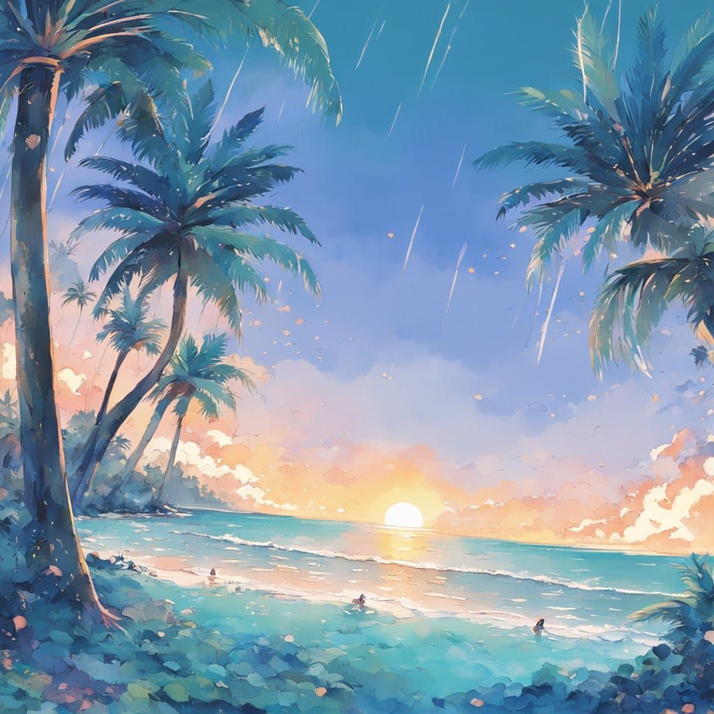 Surreal Coastal Paradise in Vibrant Anime-Inspired Art