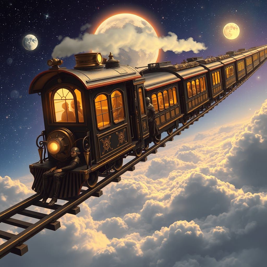 Steampunk Train Journey Through Celestial Sky