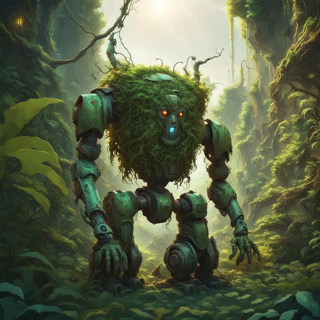 Giant Green Robot Cat in Overgrown Jungle