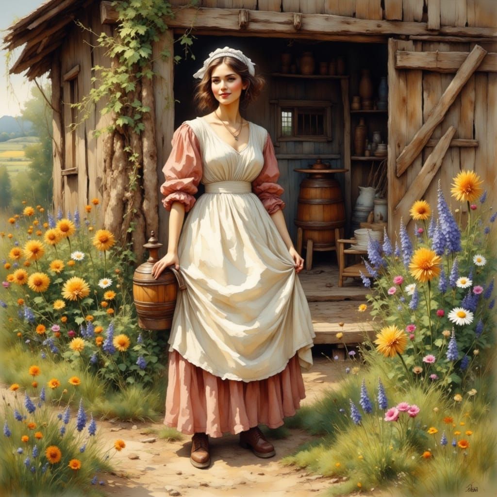 Milkmaid with Butter Churn, Impressionistic Style
