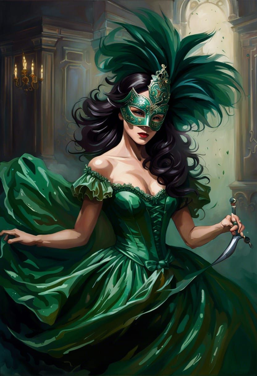 Masquerade Ball Murder Scene as Detailed Oil Painting