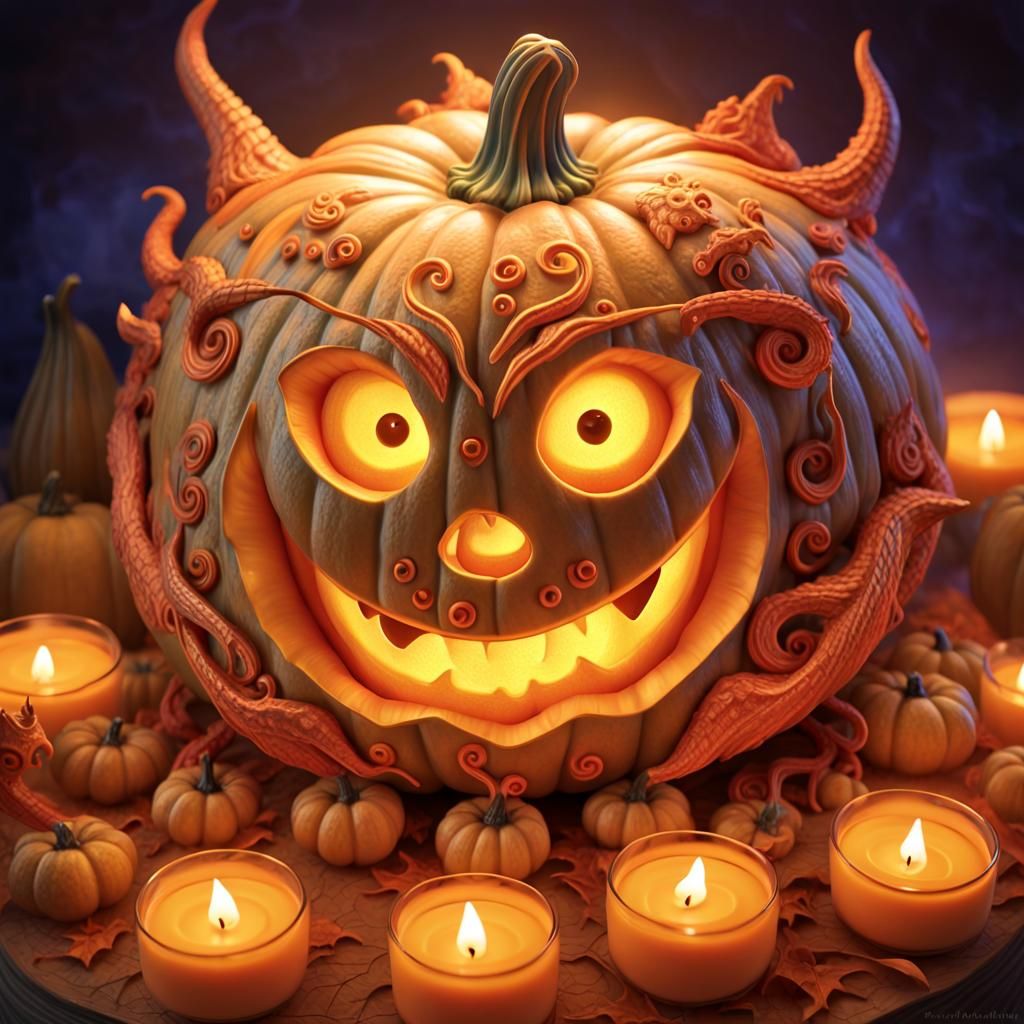 Halloween Pumpkinhead with Dragons: 3D Digital Art