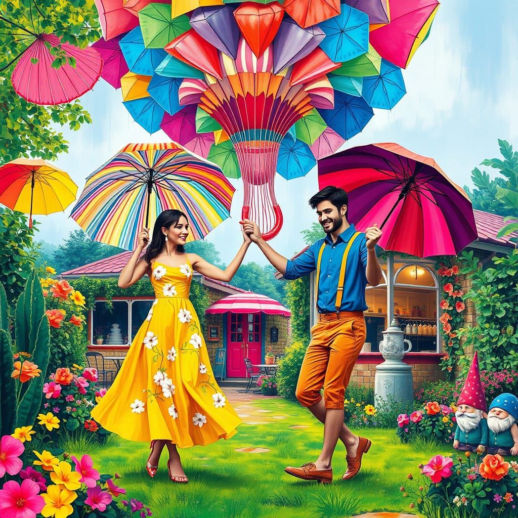Vibrant Rainy Day Dance Amidst a Rainbow of Colorful Umbrell...