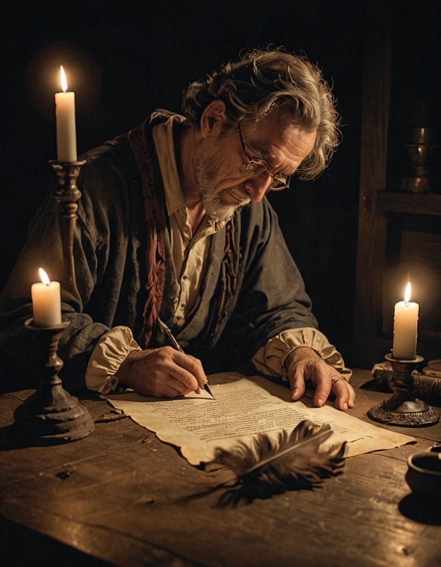 Old Testament Scribe Writes by Candlelight