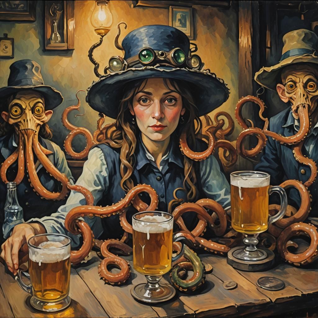 Floating eye with traditional hat and four beer mugs on the tentacles. Figure stands on two of her tentacle eyes