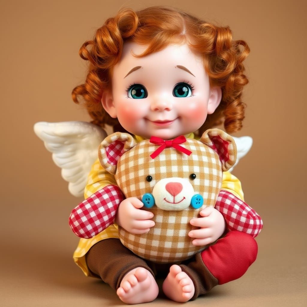 Angelic Girl and Her Gingham Bear Friend