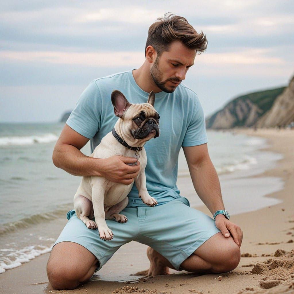 A Slavic Man Playing with a French Bulldog Puppy at the Beac...