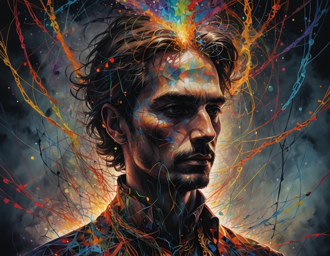 Surreal Man in Shadows with Kaleidoscope Horizon