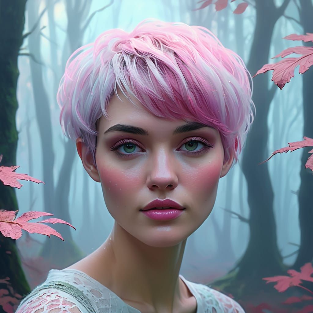 Folk Art Portrait of Woman in Misty Forest