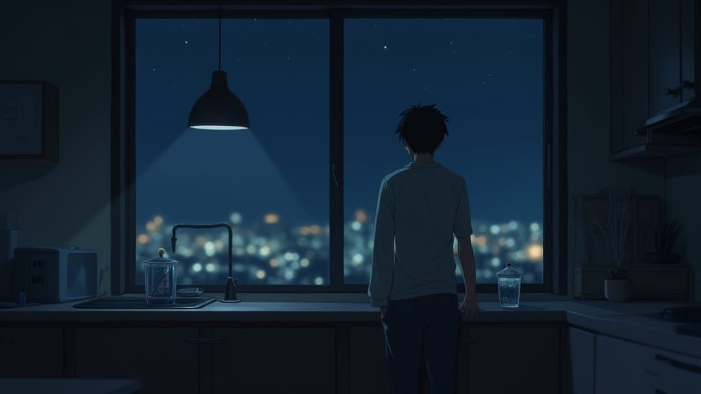 Anime-Style Kitchen Interior with Contemplative Mood