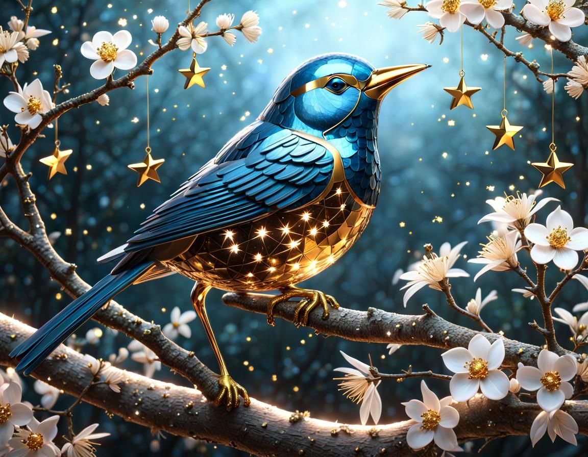 Crystal Bird on Blossoms in Fantasy Style