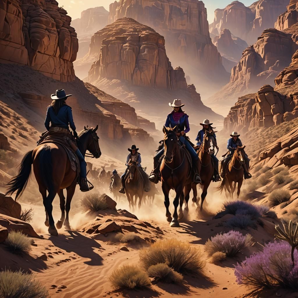 Cowgirls Ride Through Desert Canyon: Digital Matte Painting
