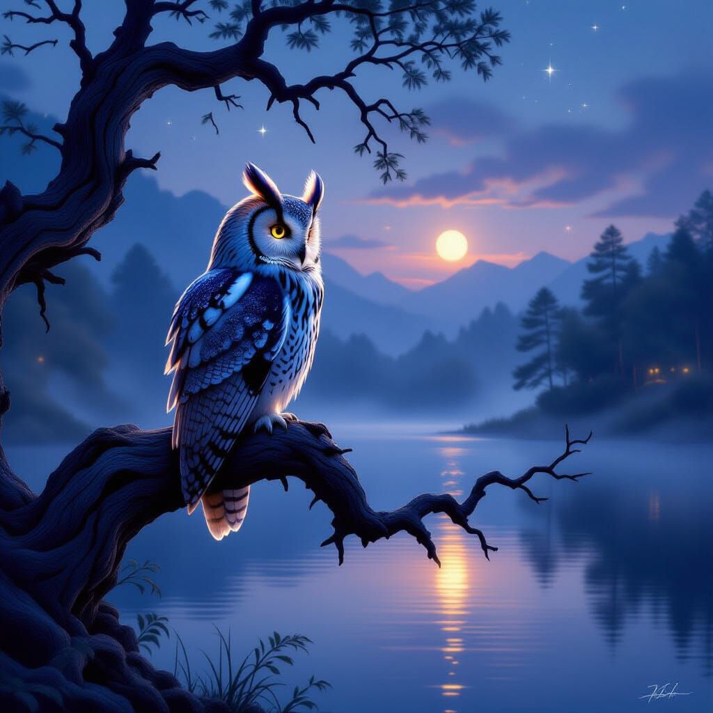Bioluminescent Owl Over Misty Lake at Twilight