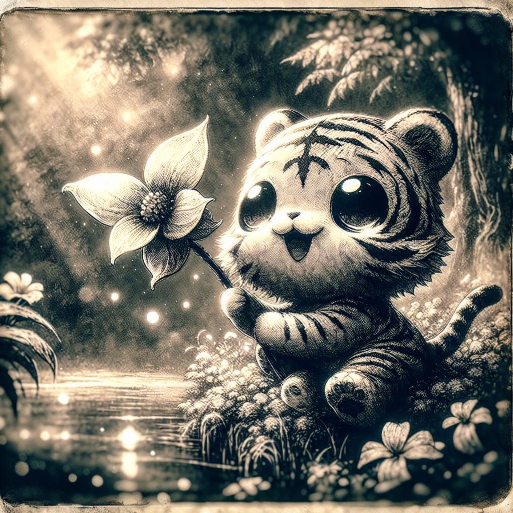 Whimsical Chibi Tiger in Watercolor Garden