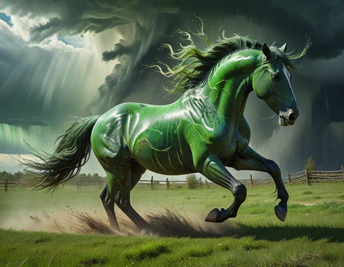 Horse Tornado in Green Pasture: Psychedelic Action Painting