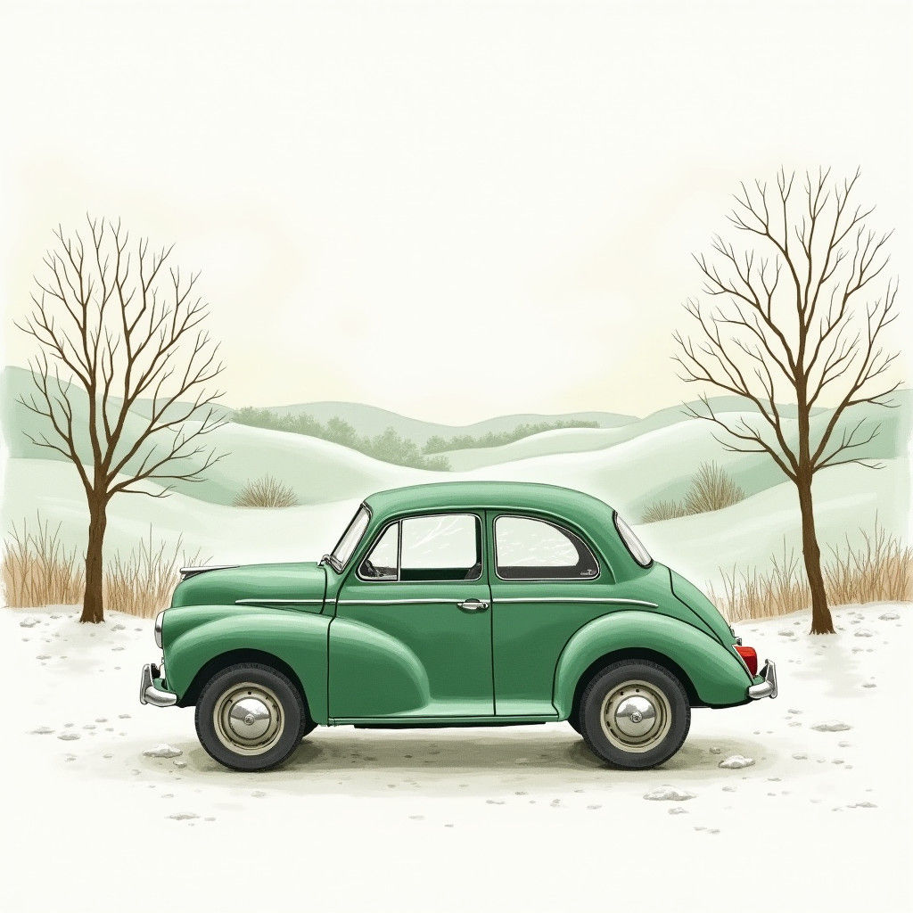 Morris Minor Line Drawing in Winter Watercolour Style