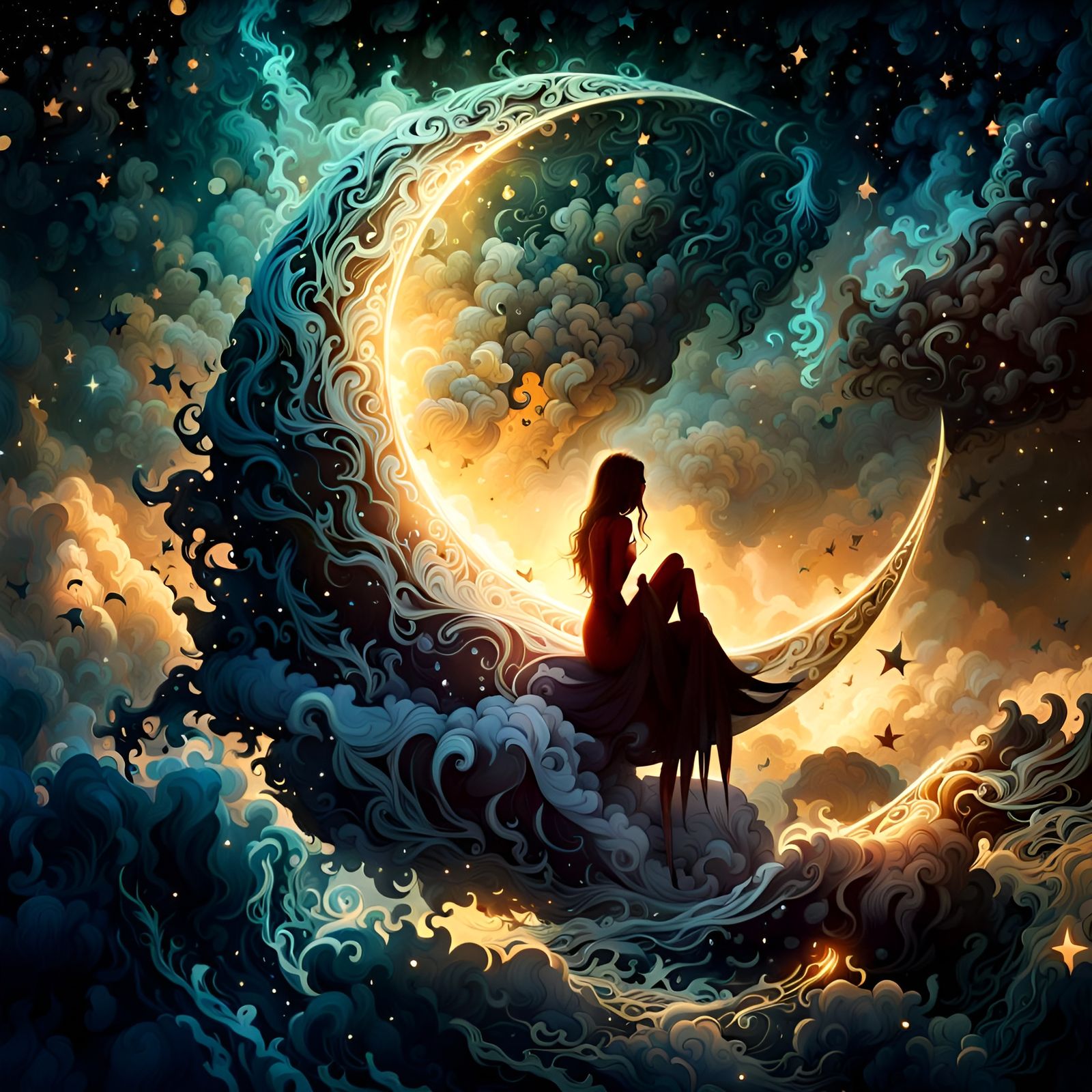 Girl on Crescent Moon Silhouette, Digital Illustration