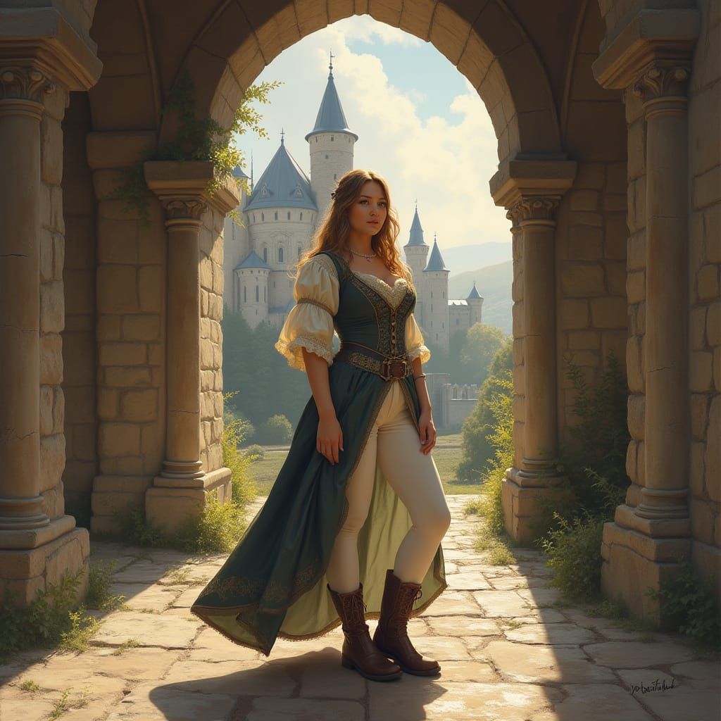 Plus-Size Woman in Medieval Dress Before Castle