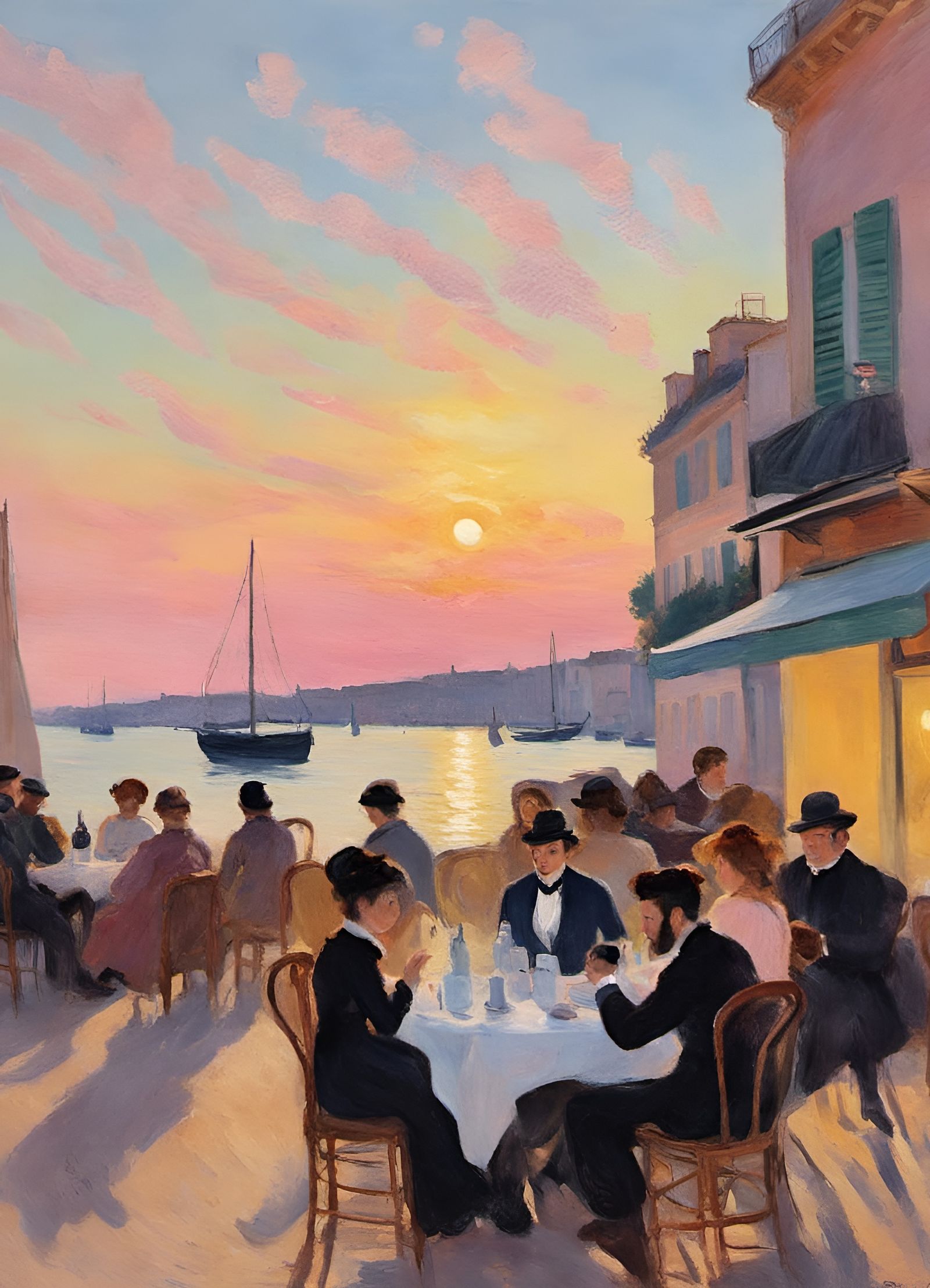 Marseilles Cafe Scene at Sunset
