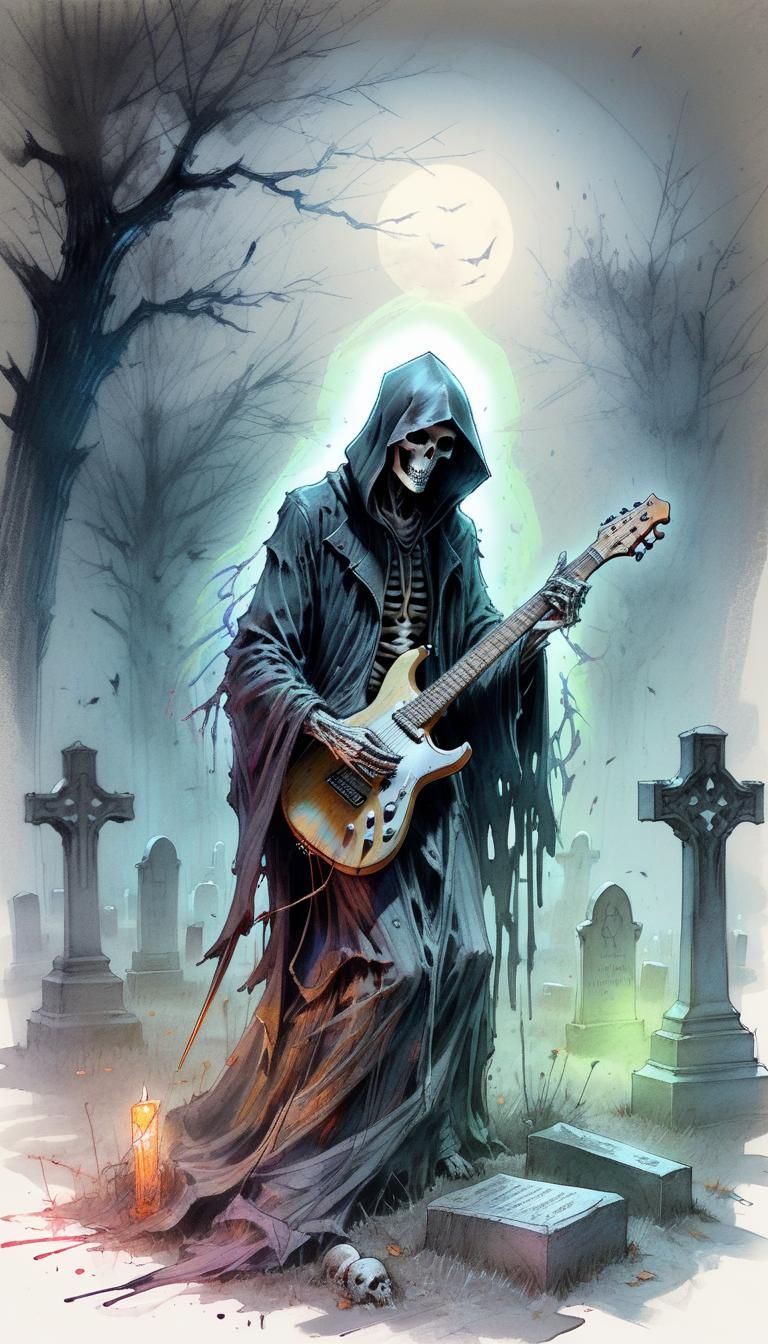 Grim Reaper Plays Guitar: Hyper-Realistic Pencil Sketch