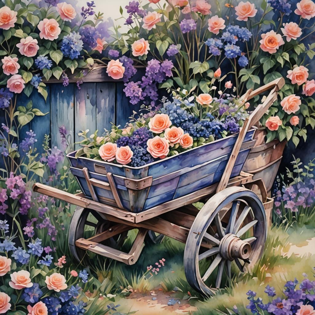 Watercolor Wheelbarrow in Blue, Purple and Peach