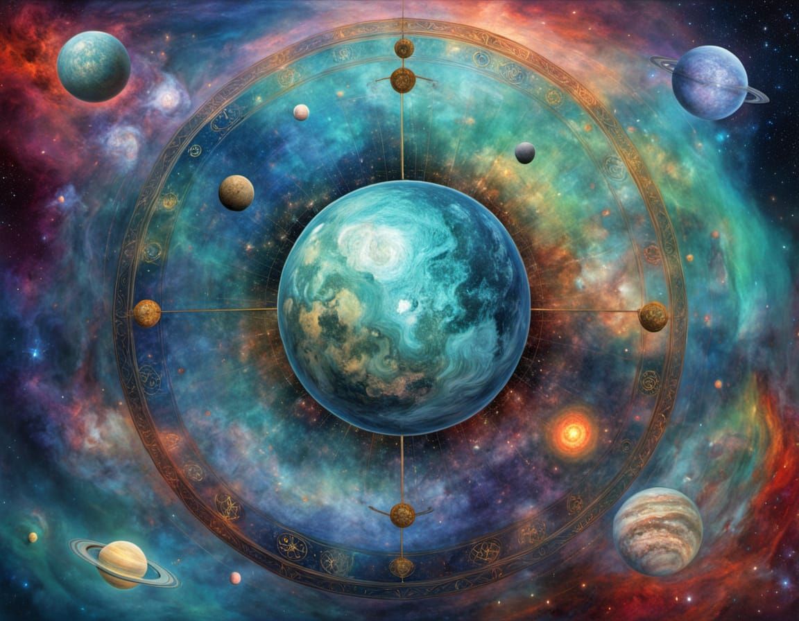 Ethereal Cosmic Wheel with Vibrant Zodiac Signs and Planets