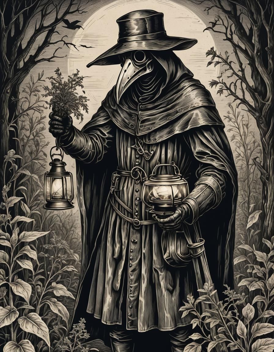 Medieval Plague Doctor with Lantern Charcoal Drawing