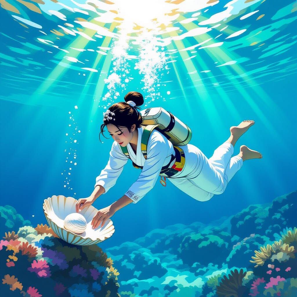 Japanese Ama Pearl Diver in Ukiyo-e Style