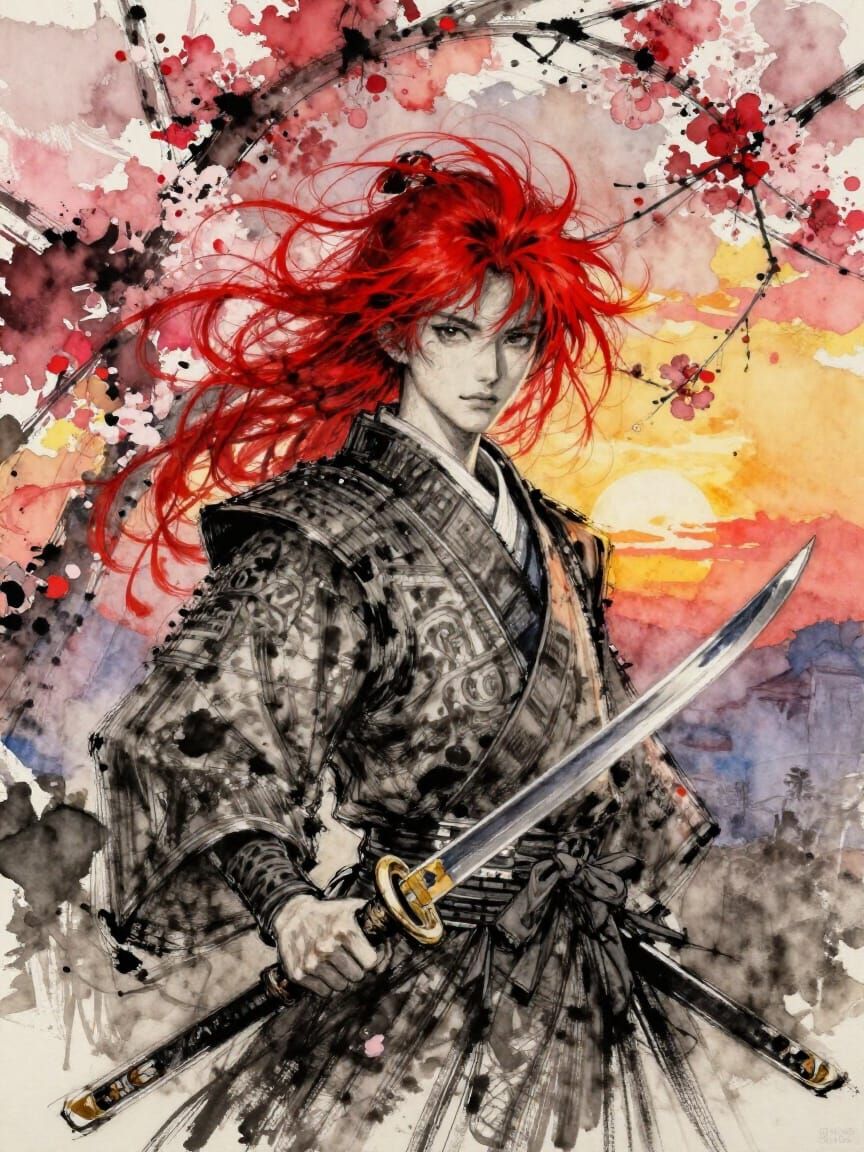 Samurai Warrior with Red Hair in Gouache Style