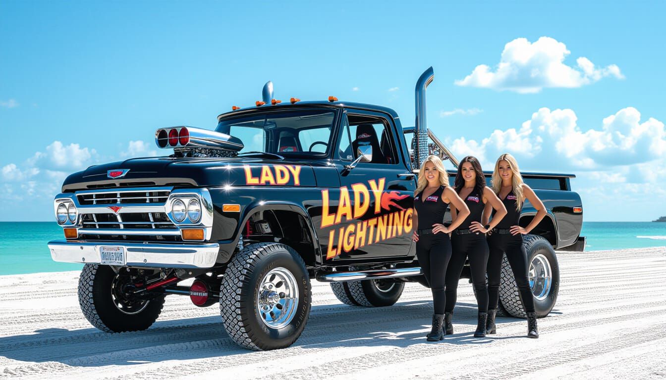 Lady Lightning Drag Truck with Retro Crew on Beach