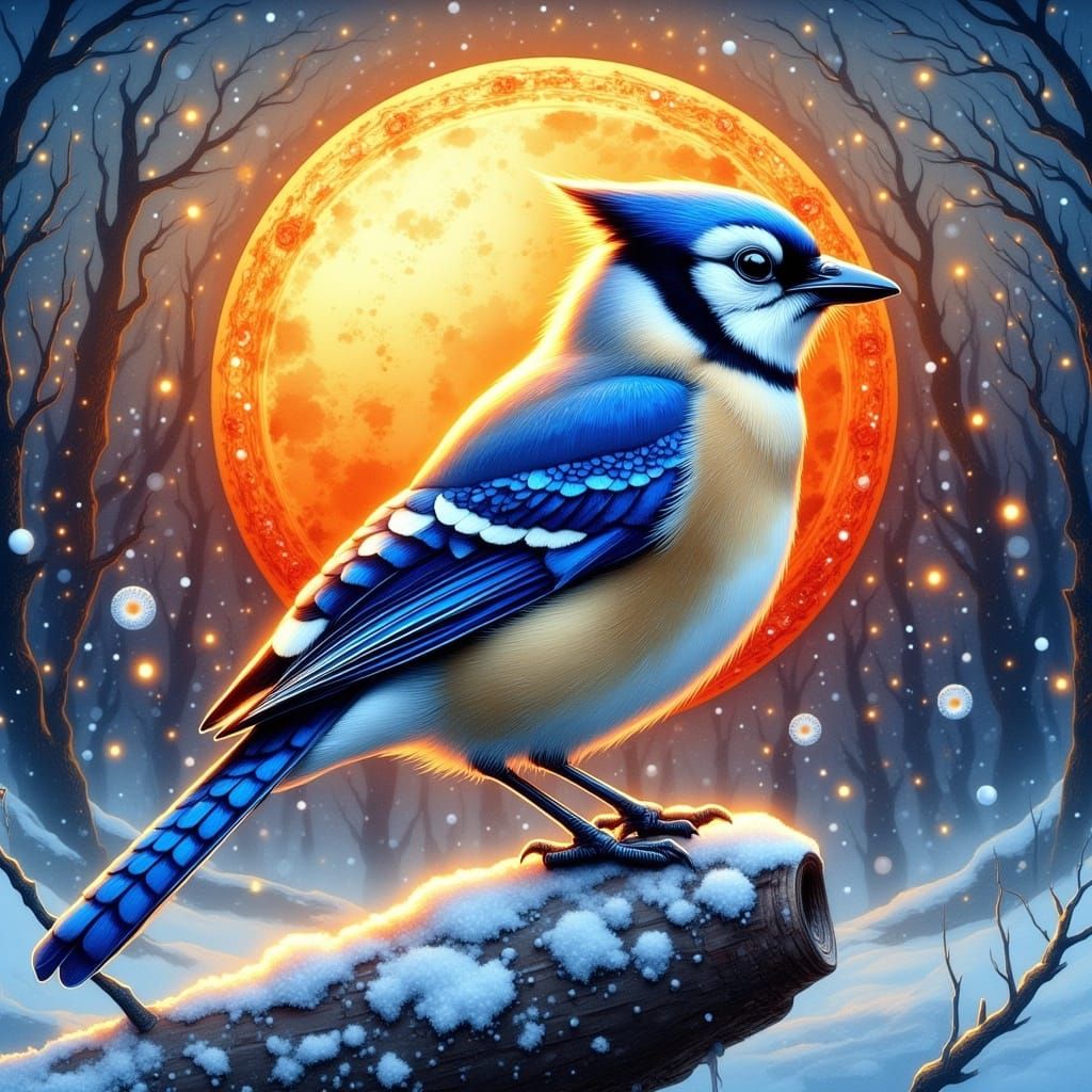 Mosaic Blue Jay in Winter Sunrise