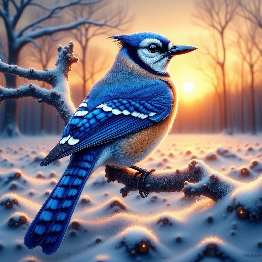 Mosaic Blue Jay in Winter Sunrise