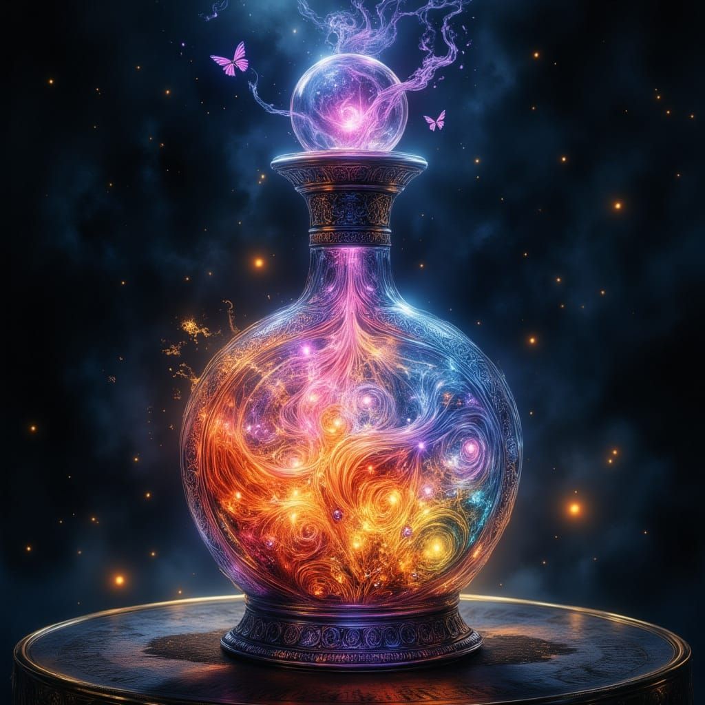 Magical Potion in Ornate Bottle, Fantastical Concept Art Sty...