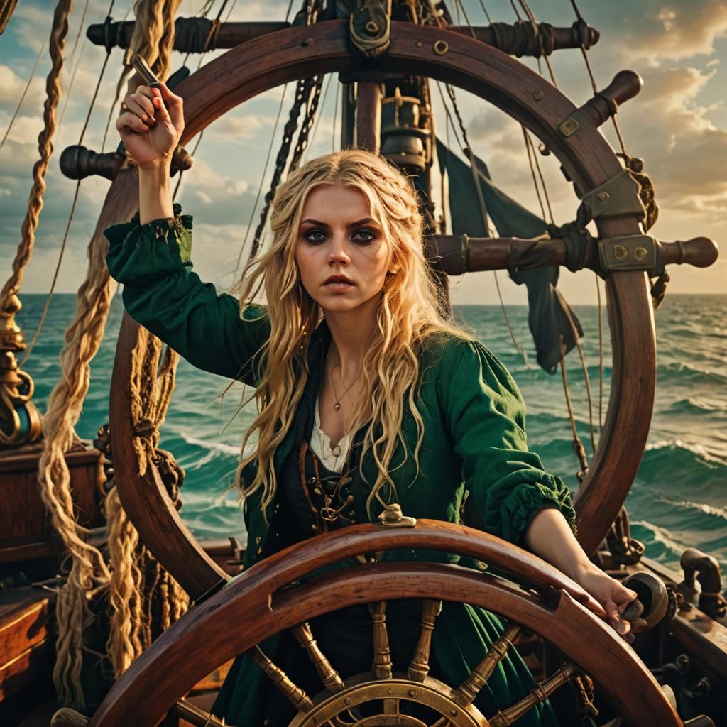 Pirate Woman Steering Ship in Golden Light