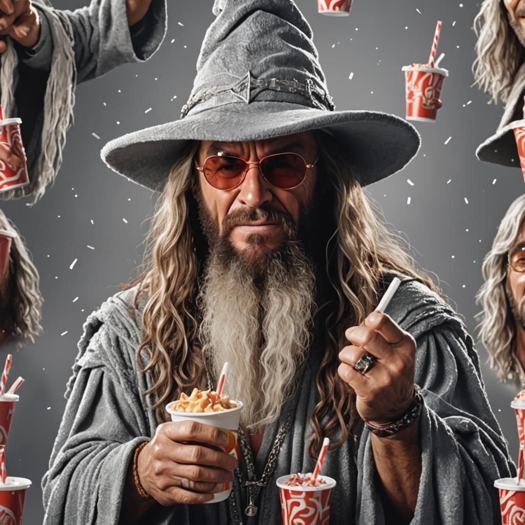 Macho man randy savage as gandalf or macho mandalf with mini party cup background depth with 10 layers optimize layeri...
