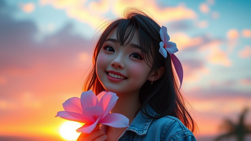 Beautiful Girl Smiling at Sunset in Blue and White Cloth